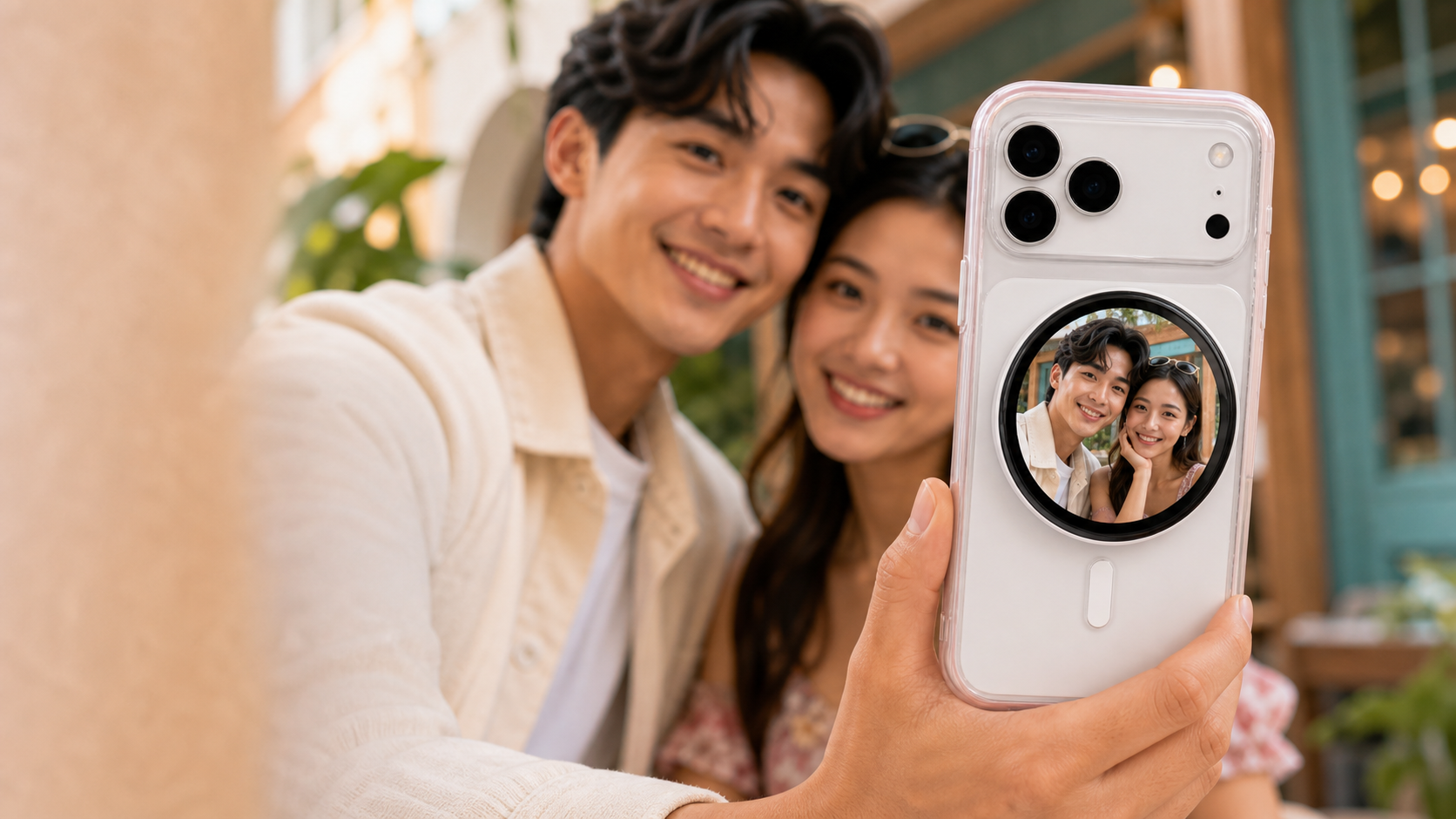 MagScreen X premium lifestyle banner with couple selfie on the magnetic screen