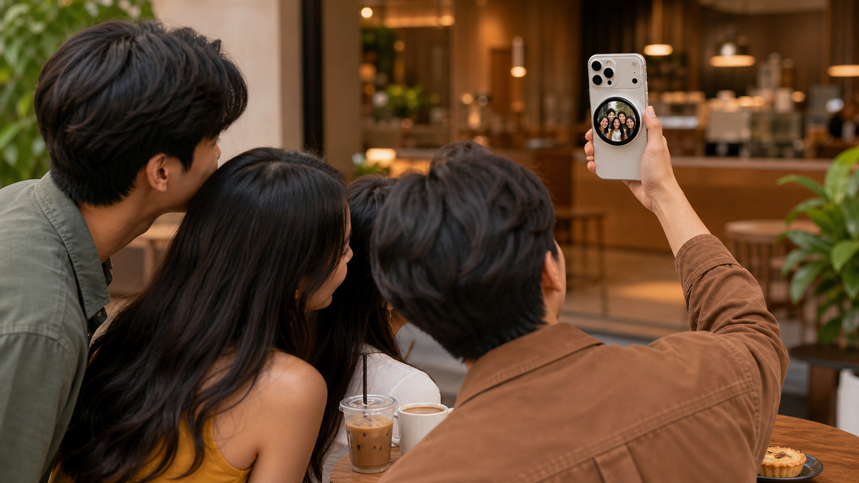 Friends using MagScreen X as a rear selfie monitor from an over-the-shoulder view